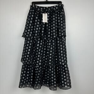 NWT A Loves A Womens Dot Metallic Tiered Black/Silver A-Line Midi Skirt Small